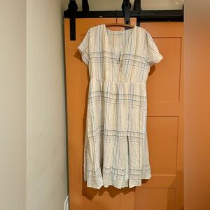 Linen-Blend Clara Midi Dress in Rainbow Pastel Plaid in XL
